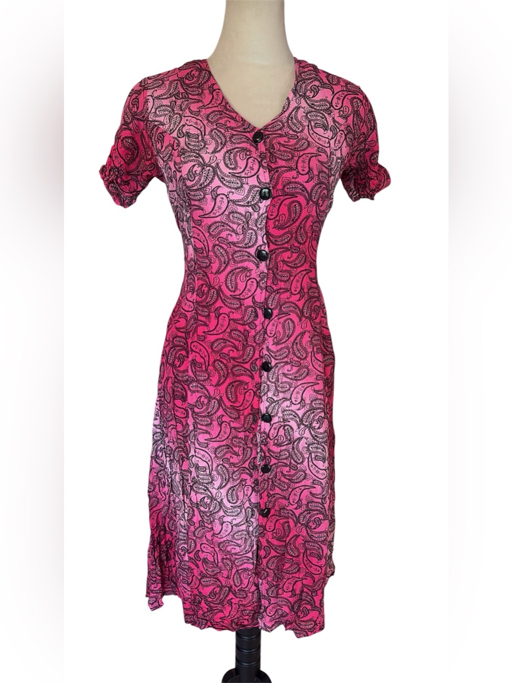 Y2K Vintage Eruxz Pink and Black Whimsygoth Paisley Button-Front midi Dress